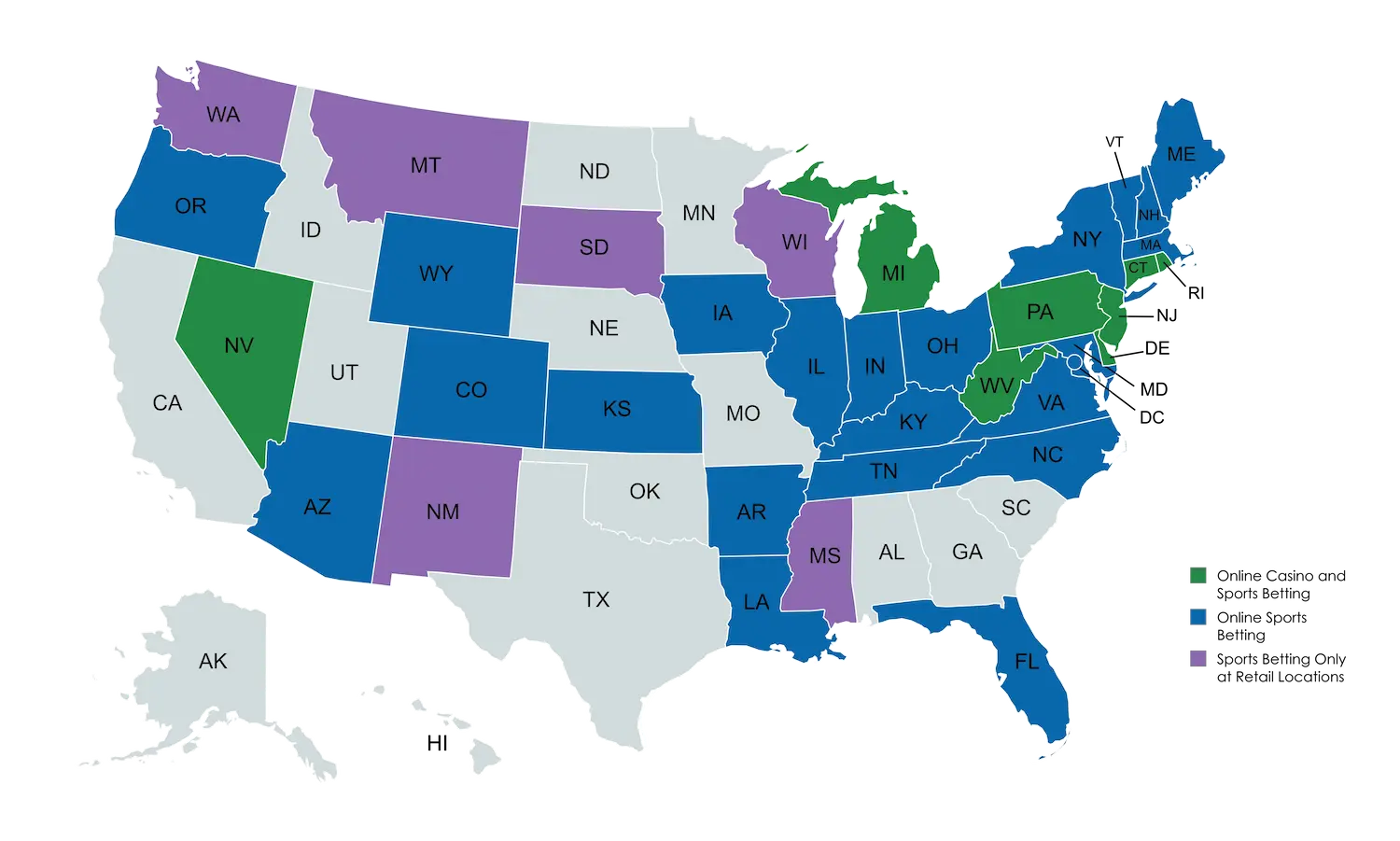USA Map - States Where You Can Legally Gamble